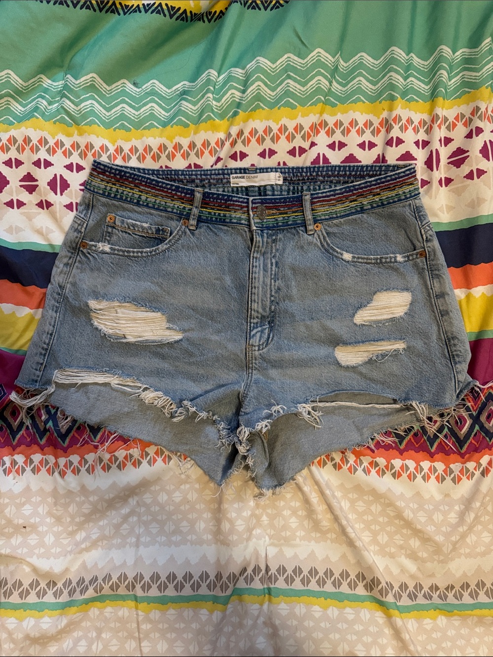 Garage Light Blue Distressed Denim Shorts with Woven Waistband